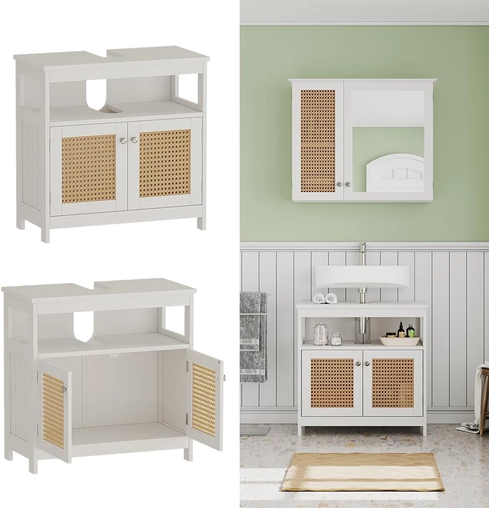 Mobile sottolavabo per bagno Rosario, Bianco, 60 x 60 cm con 2 ante e vano a giorno, per la conservazione di articoli da bagno e asciugamani