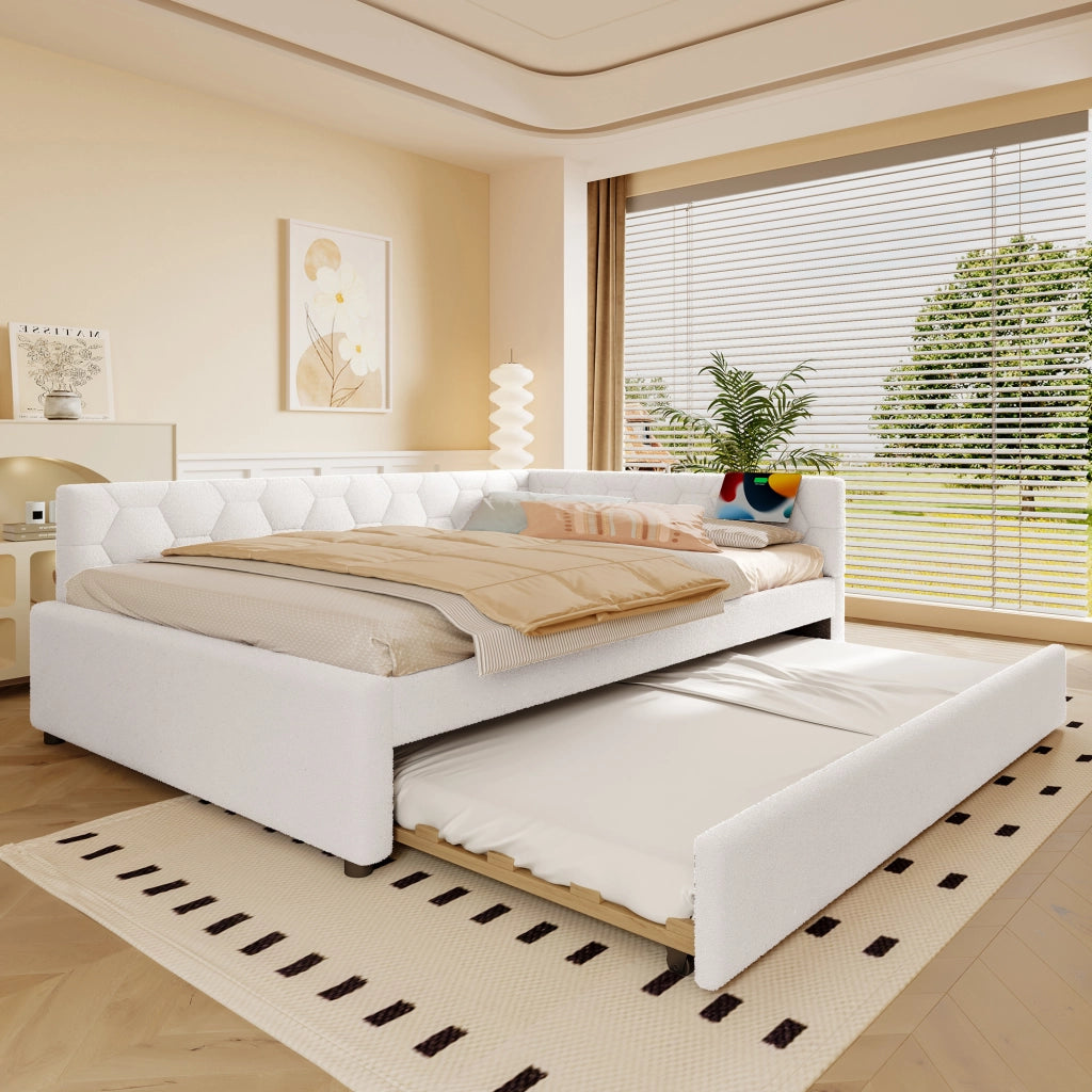 Letto imbottito bianco 140x200 cm con rete a doghe; letto estraibile; USB-C e luce da comodino