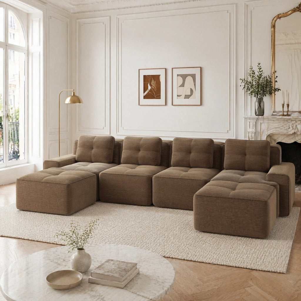 Divano modulare senza montaggio 382x177x69 cm in tessuto a coste marrone; seduta profonda
