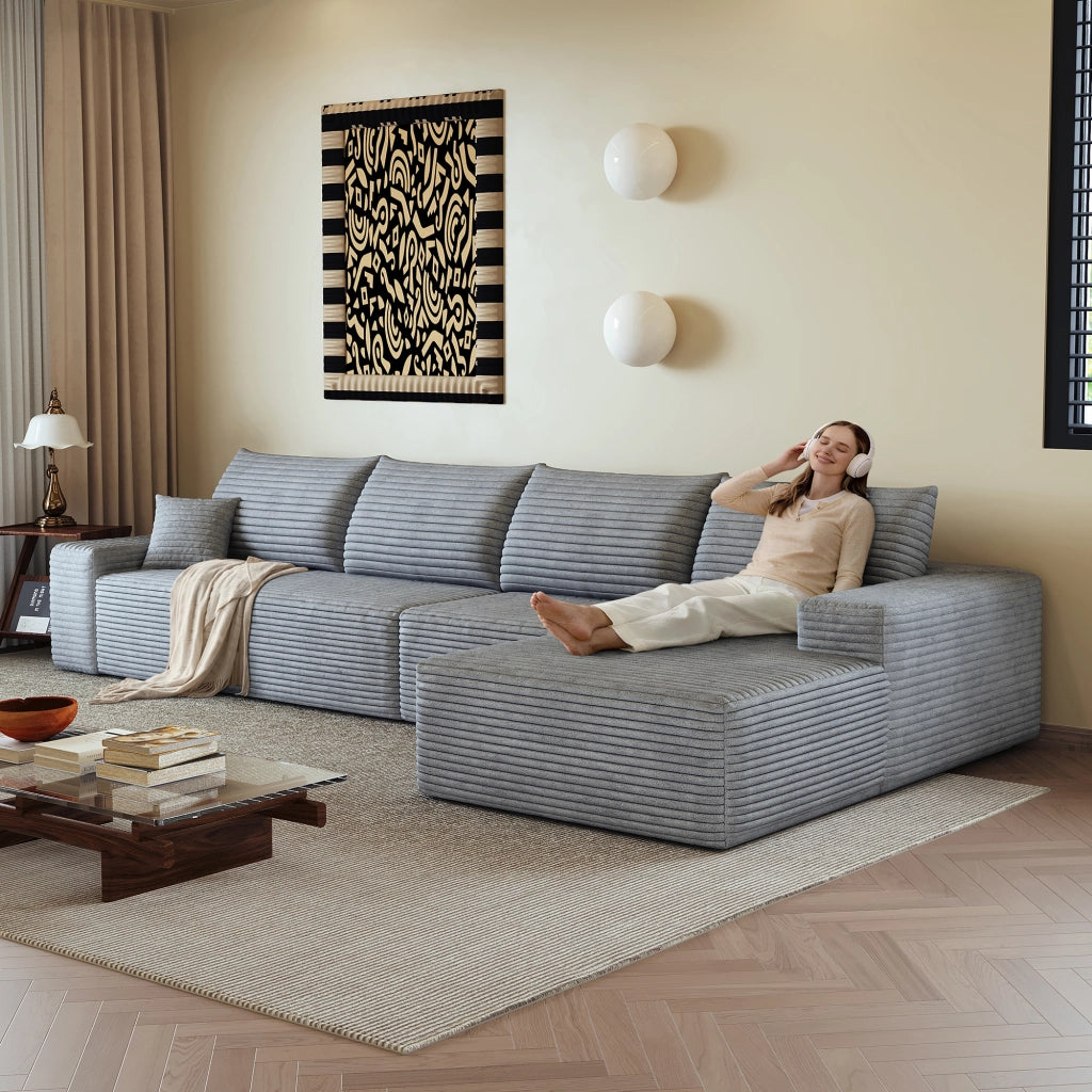 Divano angolare modulare con chaise longue a L schiuma ad alta elasticità tessuto a coste grigio per soggiorno