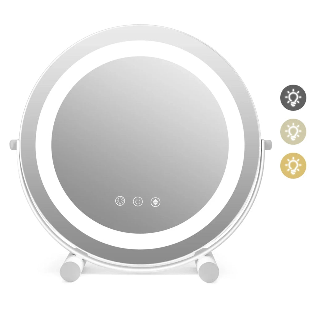 Specchio da trucco rotondo 30 cm orientabile a 360° con luminosità regolabile e funzione memory design elegante in metallo bianco 20_0012857