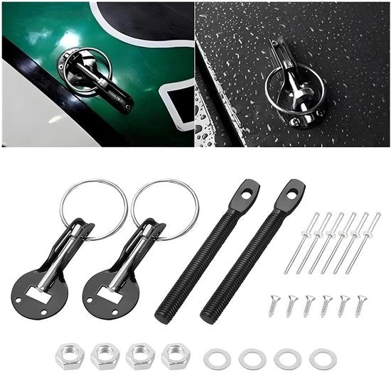 Kit di Blocco Pin per Capotto Motore Universale - Alluminio - Nero - Duraturo - 25 x 15 x 2 cm - 1 Pezzo - Protezione Area Motore - Blocco Capotto Motore