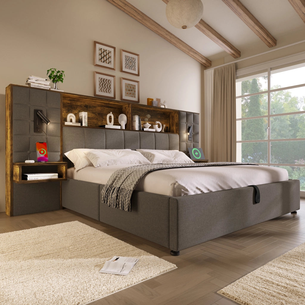 Letto matrimoniale 160 × 200 cm con contenitore, luci da lettura, 2 comodini, USB e Type-C, senza materasso, grigio