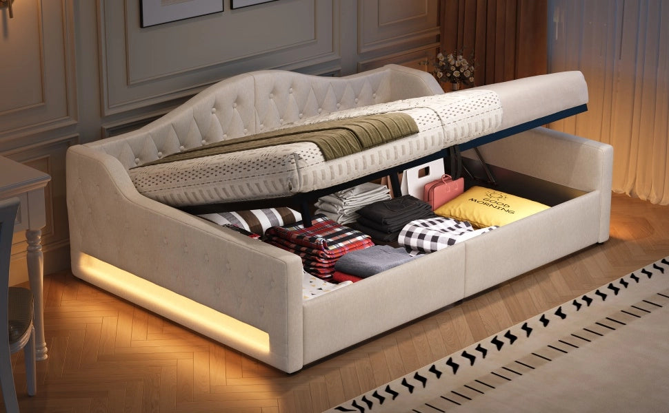 DESMIU Letto divano 140 × 200 cm 2 posti con contenitore, LED, senza materasso, beige