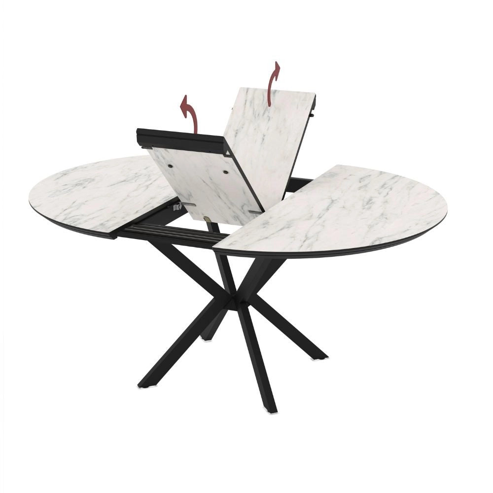 Tavolo rotondo allungabile Dobok piano effetto marmo bianco opaco 126x126x76H con gambe nere