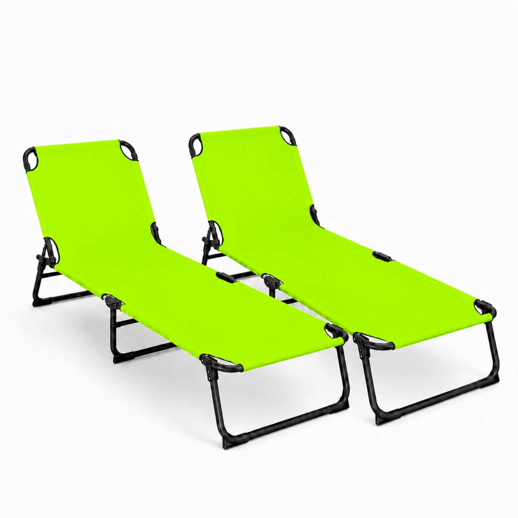 Set 2 Lettini Mare Pieghevoli Senza Tettuccio Sdraio Con Schienale Regolabile Telaio Acciaio Telo Traspirante 24 x 187 x 53 Cm Verde Fluo