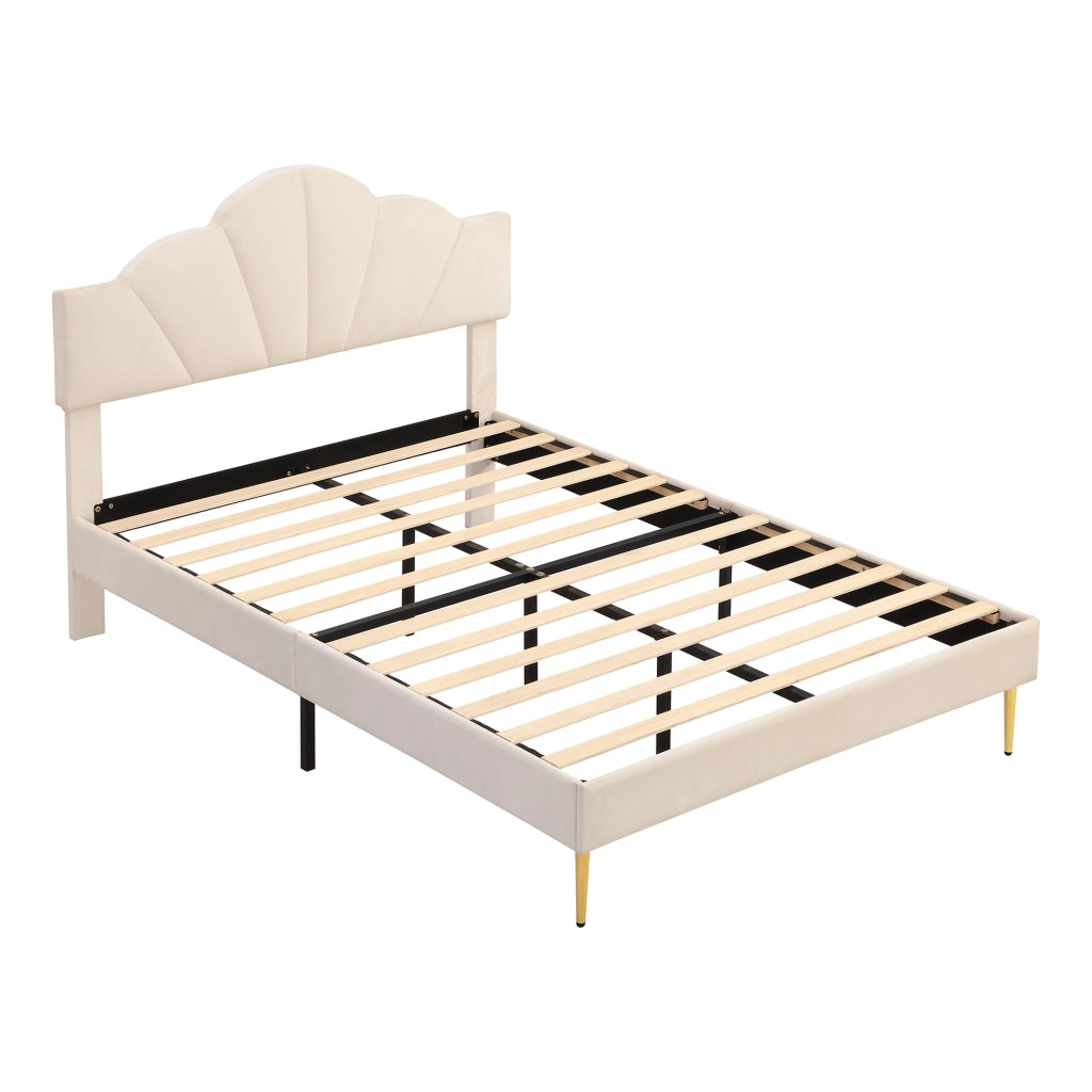 OKWISH Letto Imbottito 140×200 cm, Letto Matrimoniale con Testiera Regolabile e Piedini Dorati, senza Materasso, in Velluto, Beige