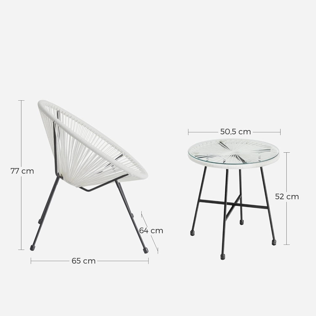 SONGMICS Mobili da Giardino Set 3 Pezzi, Sedia Acapulco, Poltrona da Esterno, Tavolino con Piano in Vetro e 2 Sedie, Set Conversazione per Interni ed Esterni, Bianco GGF013W02