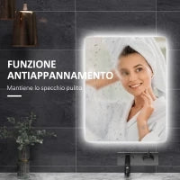 kleankin Specchio Bagno con Luci LED Regolabili, Interruttori Touch e Funzione Antiappannamento, 70x50 cm