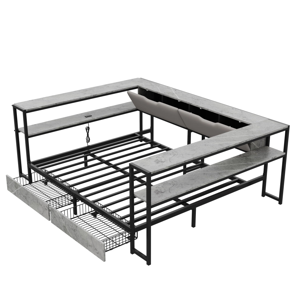 Letto per bambini con contenitore, USB e USB-C, rete a doghe in metallo, 2 cassetti, grigio, 90x200 / 140x200 cm