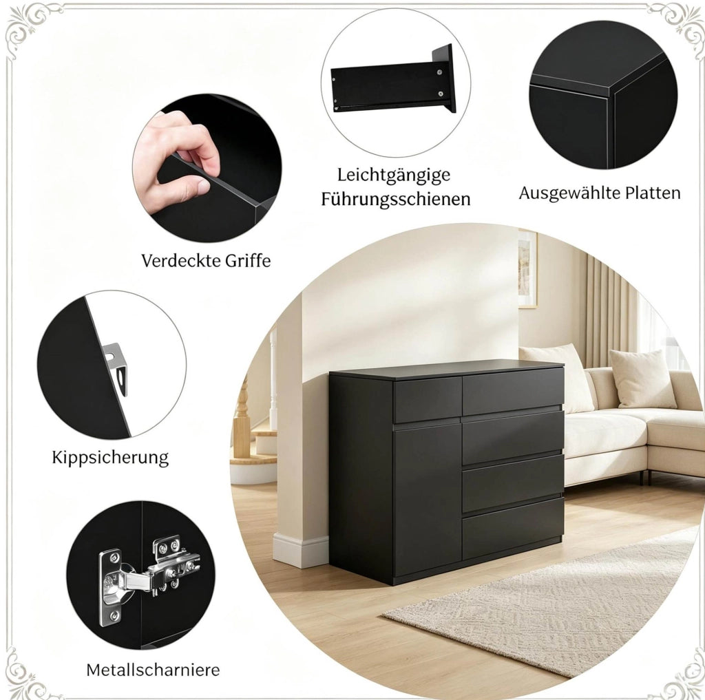 Mobile contenitore con 5 cassetti e armadietto regolabile; 100x40x80 cm; nero
