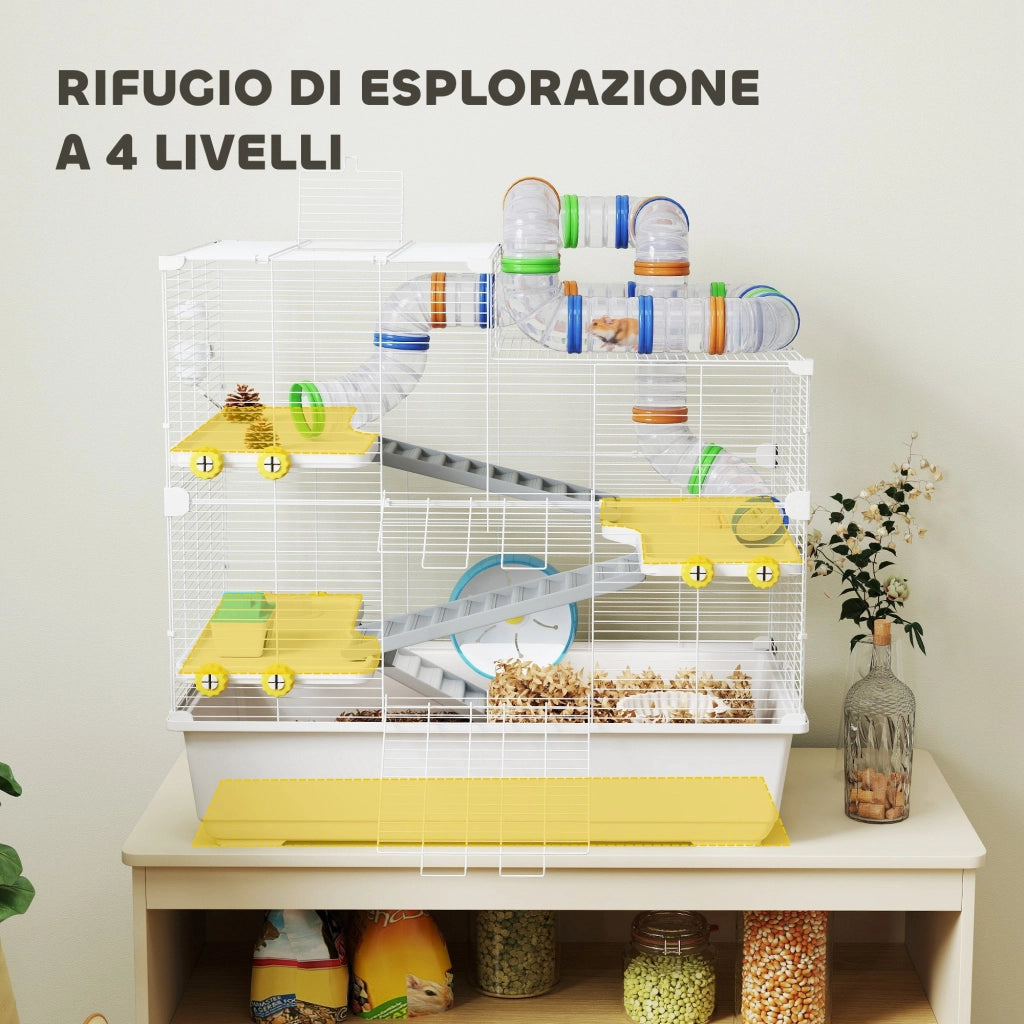 Gabbia per Criceti a 4 Livelli 78x45x73 cm con Tubi e Accessori in Metallo PP e PS Bianco