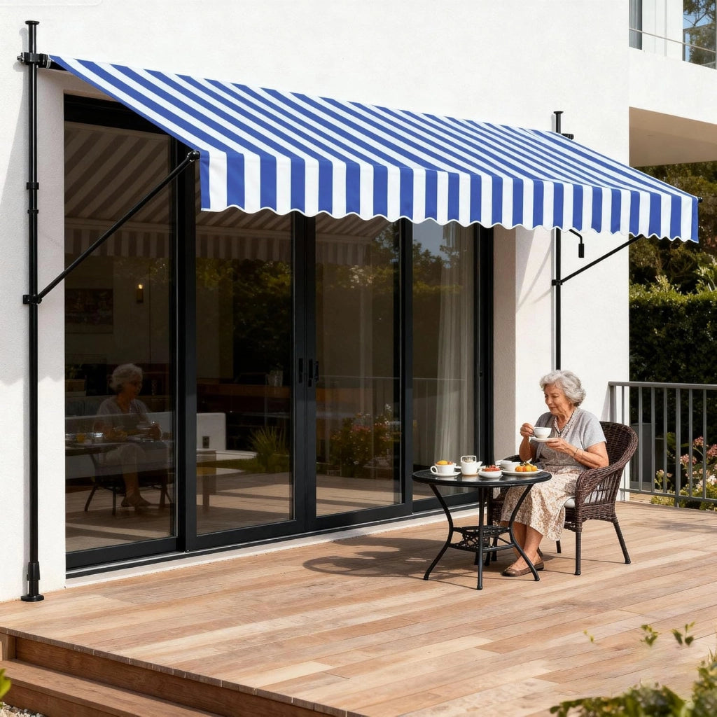 Tenda da sole da balcone, larghezza 400 cm, senza foratura, con manovella, regolabile in altezza, protezione solare resistente alle intemperie, 400 x 120 cm, strisce blu