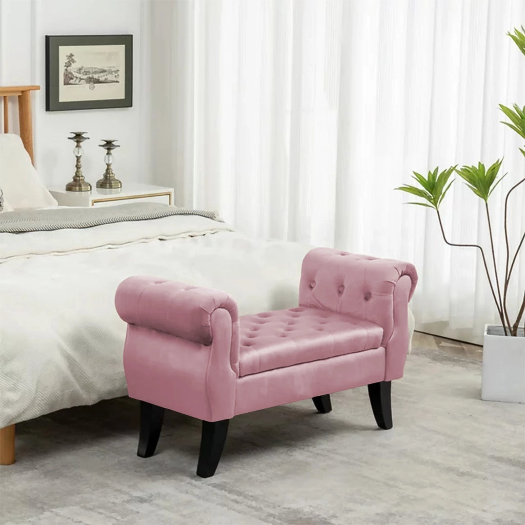 Divanetto In Velluto Panca Contenitore Pouf PortaOggetti Panca Sgabello A Pie Di Letto Cassapanca Ingresso Legno Massello Panchina - RosaAntico
