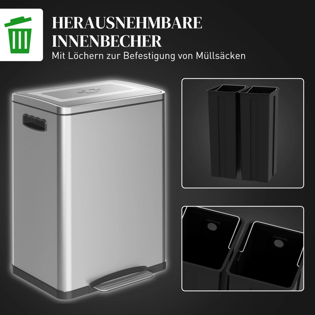 Bidone Rifiuti con Coperchio e Pedale ¨C zephmum ¨C Acciaio Inossidabile 2x20L Argento