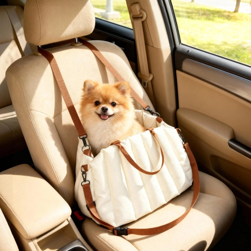 Trasportino per cani con doppie cinghie regolabili base antiscivolo e guinzaglio interno in cotone crema bianco