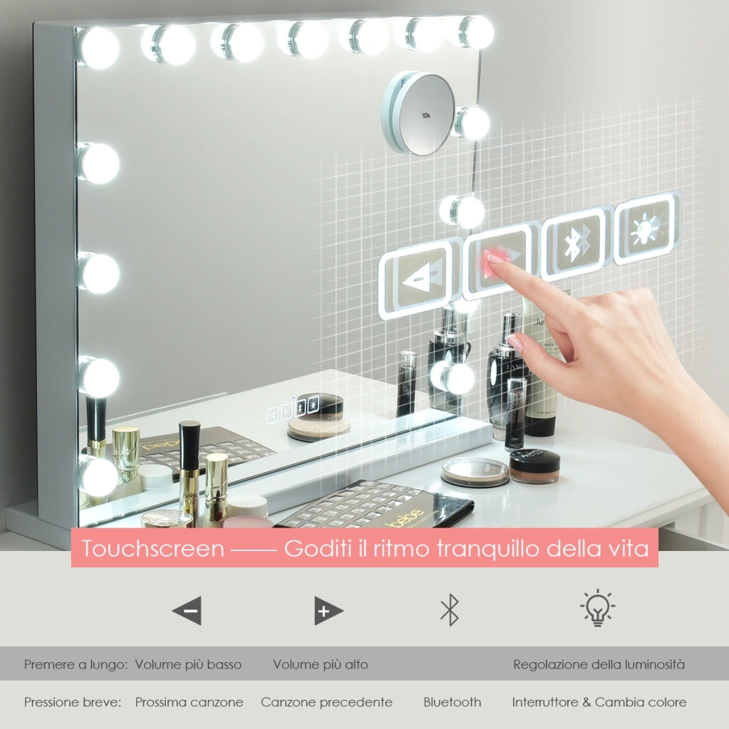 Specchio per trucco con 15 luci LED porta USB, Specchio illuminato con controllo touch 48x58cm