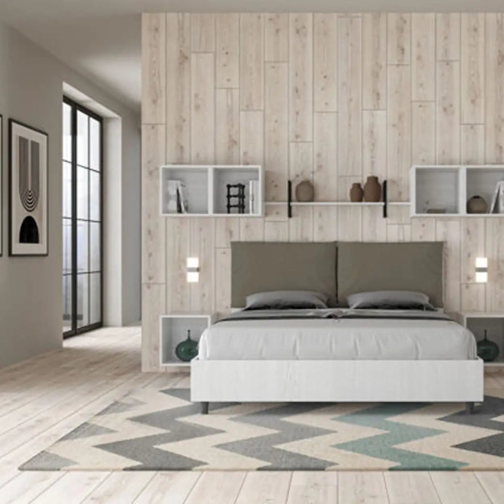 Letto matrimoniale con rete 160x190 bianco frassino cuscini similpelle cappuccino Egos Antea
