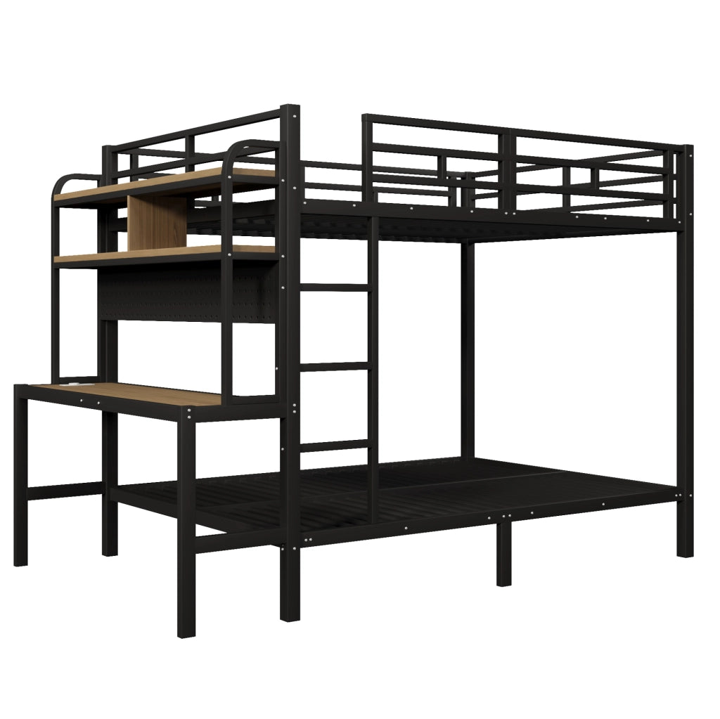 Letto a castello 140x200 cm in metallo e MDF; con scrivania; ripiani; LED e USB; nero