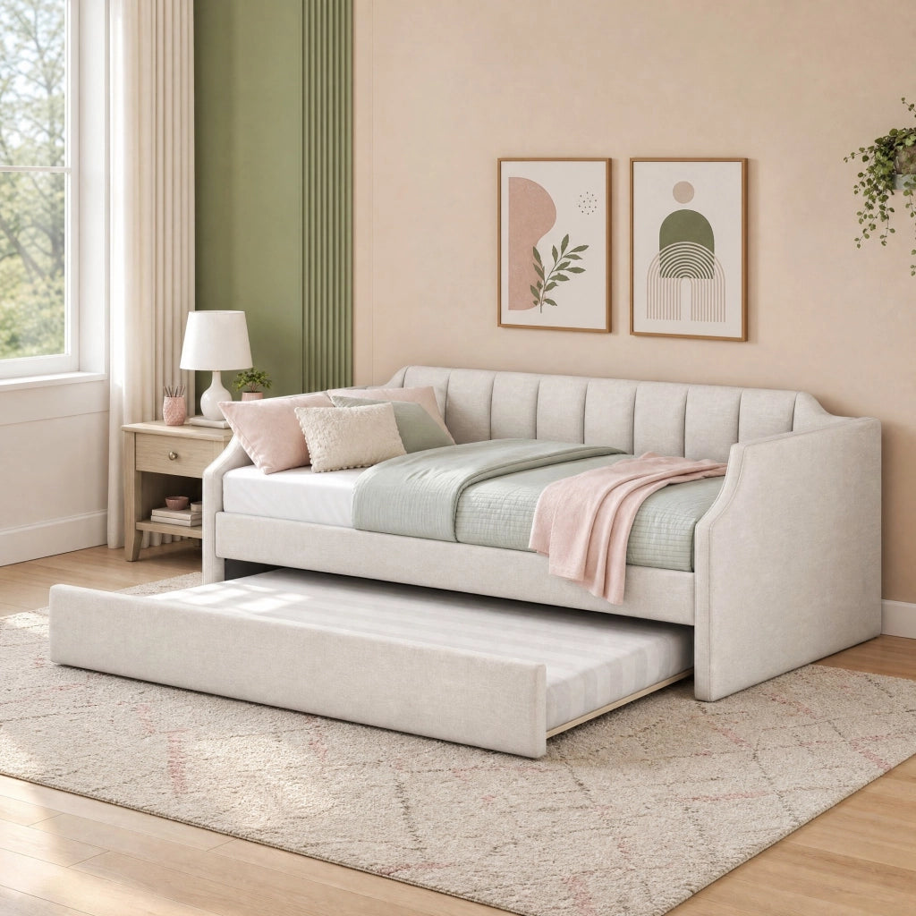 LETTO Singolo imbottito 90x200 cm con letto estraibile Beige