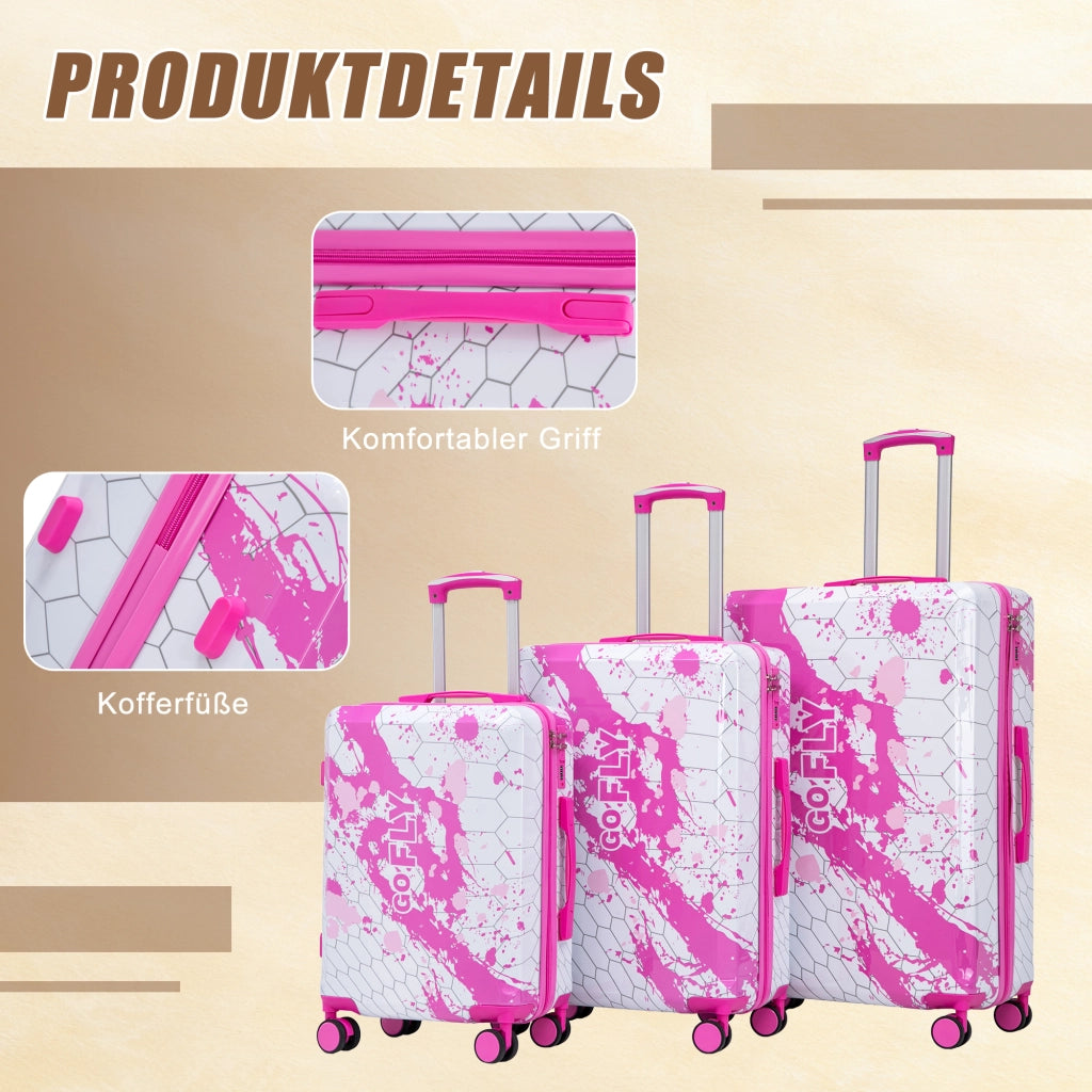 Set di 3 valigie da 20"/24"/28" in materiale PC con stampa fantasia e lucchetto a combinazione (rosa)