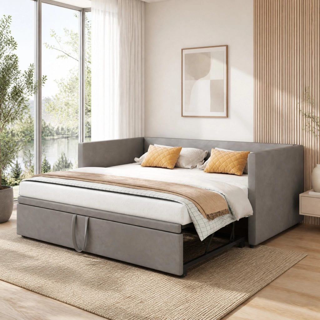 DESMIU Letto Estraibile 90 × 200 cm 2 posti con struttura estensibile, senza materasso, in velluto grigio
