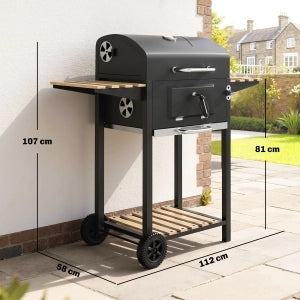 BARBECUE a carbone in acciaio nero con coperchio, termometro e ripiani laterali