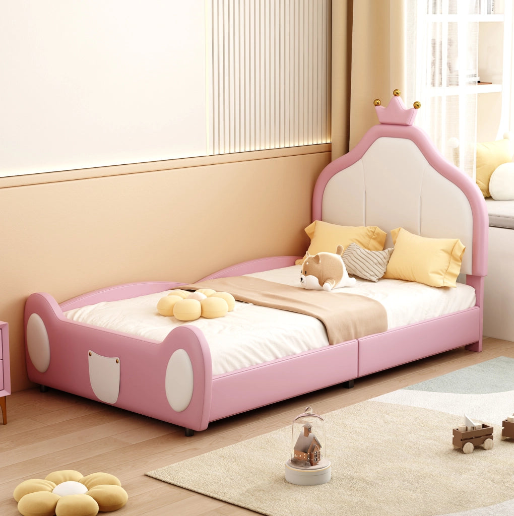 Letto singolo imbottito ULEVR 90x200 cm con testiera a corona, similpelle rosa e bianca