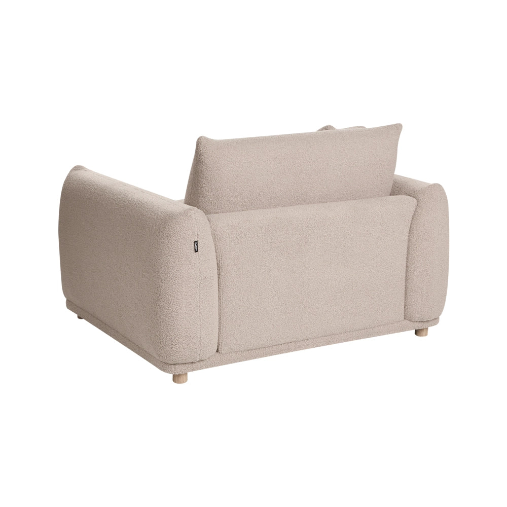 Poltrona beige in bouclé con rivestimento in tessuto e gambe in legno massello, per il soggiorno, con braccioli, in stile moderno
