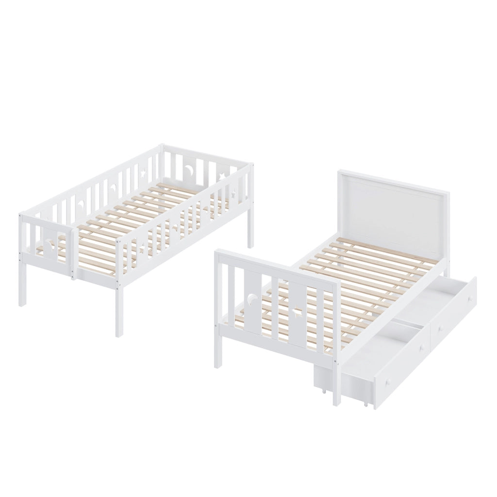 Letto a castello per bambini 90x200 cm con scala contenitore; 2 cassetti e rete a doghe; bianco