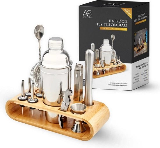 Set da cocktail 12 pezzi in acciaio inossidabile - accessori da bar set da bartender - shaker da cocktail jigger - cucchiaio setaccio siringa - uncorking tool paletta stamper per servire - supporto da display in bambù