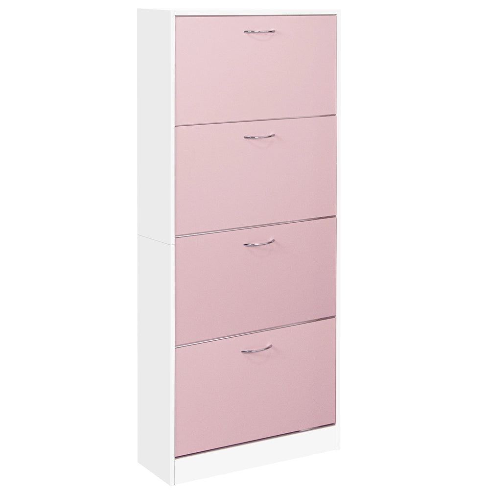 Scarpiera 4 Ante Ripiani Doppia Profondità con Maniglia Rosa e Bianco 63x24x150cm