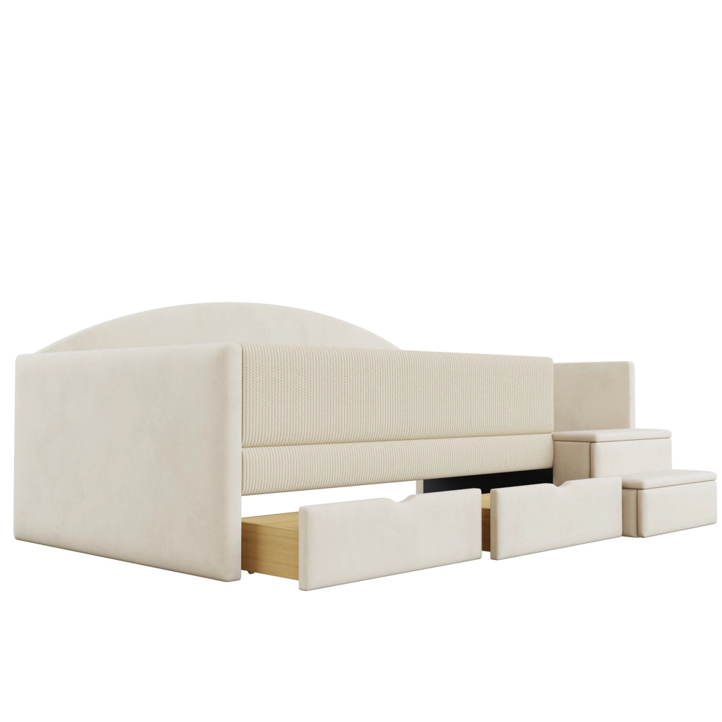 Letto per bambini 90 × 190 cm con 2 cassetti, sponde di sicurezza et scalini, senza materasso, beige
