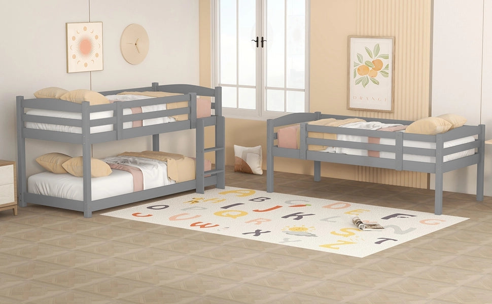 DESMIU Letto a castello 3 posti 90 × 200 cm con 2 scale, senza materasso, in pino, grigio