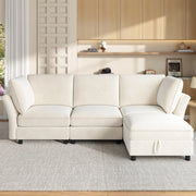 Divano modulare a L con pouf contenitore; 225 x 137 x 84 cm; in chenille beige