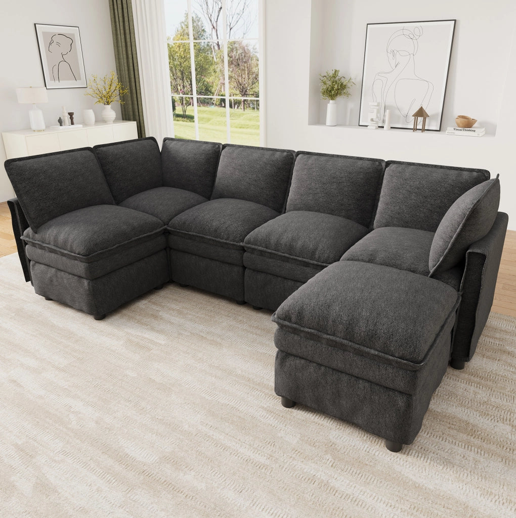 Divano modulare 6 posti in ciniglia grigio con pouf, 344 cm