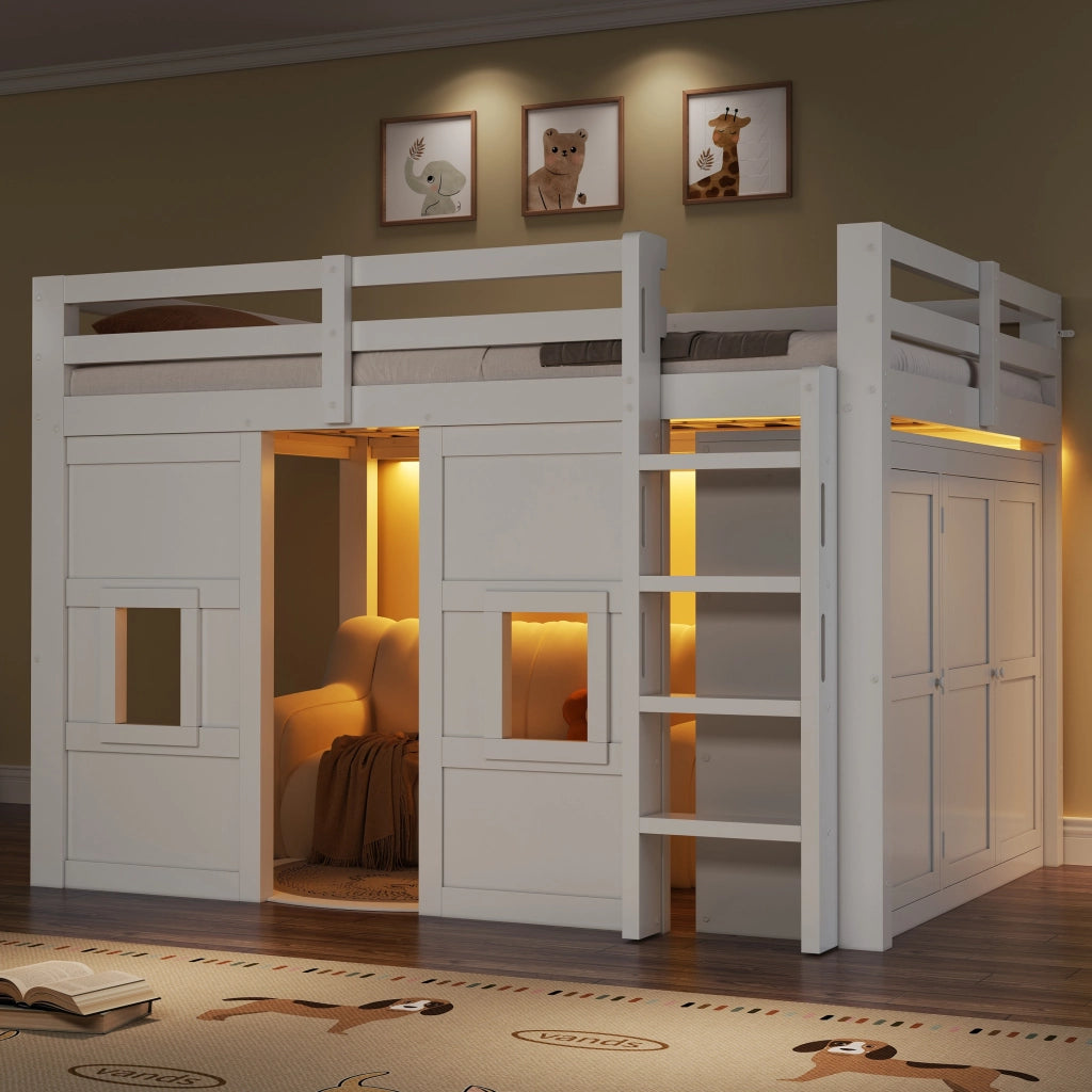 Letto a soppalco in legno con armadio integrato - Zephmum- 140x200 cm- Bianco- 2 finestre, illuminazione LED