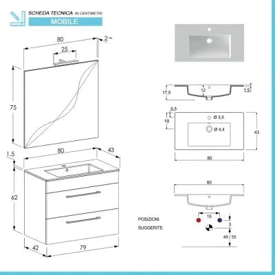 Mobile bagno sospeso 80 cm Smart olmo con lavabo e specchio