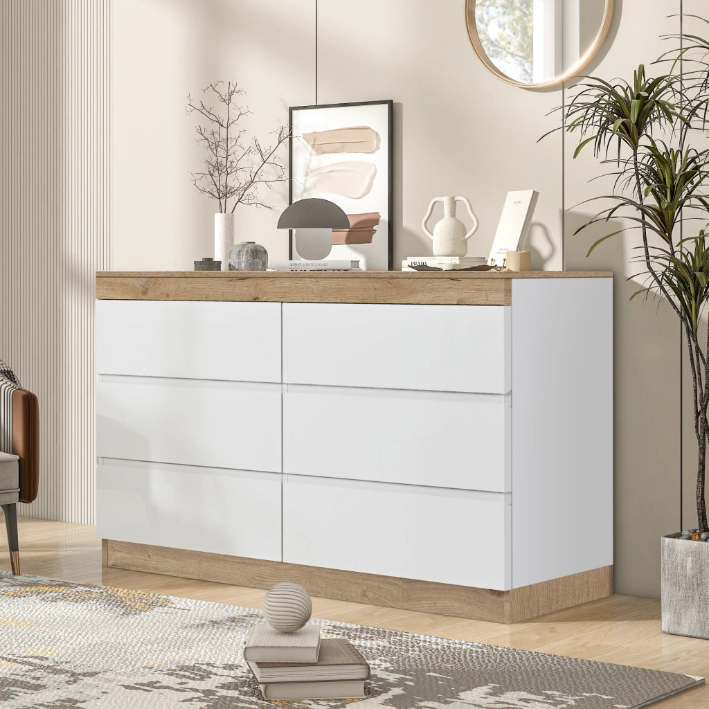 Cassettiera classica con 6 cassetti bianco e rovere