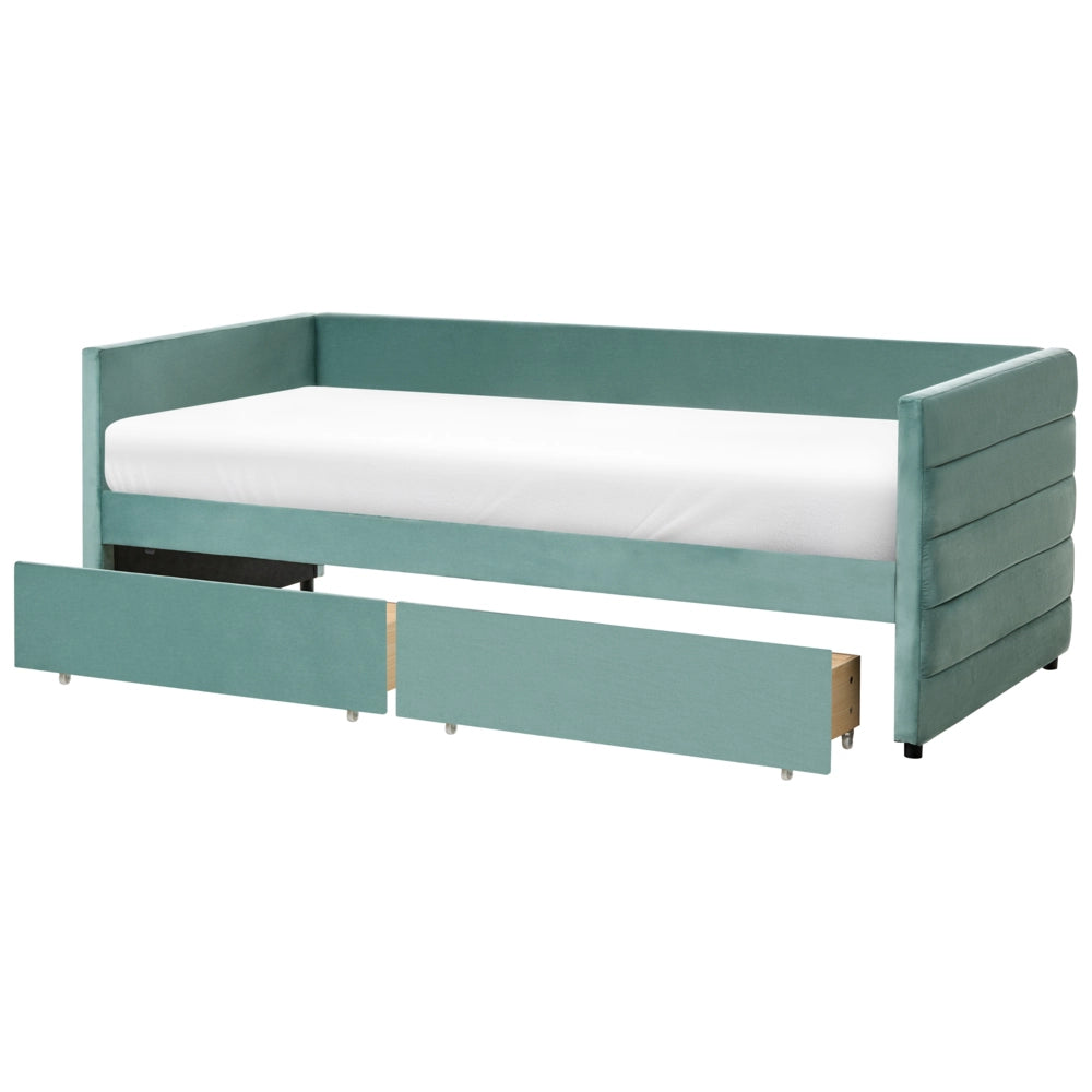 Letto 90 x 200 cm in velluto verde menta elegante e imbottito con cassetti glamour per la camera da letto