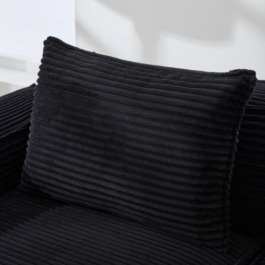 Divano modulare a 2 posti con 2 pouf, portabicchieri e tasche laterali, in velluto a coste, Nero
