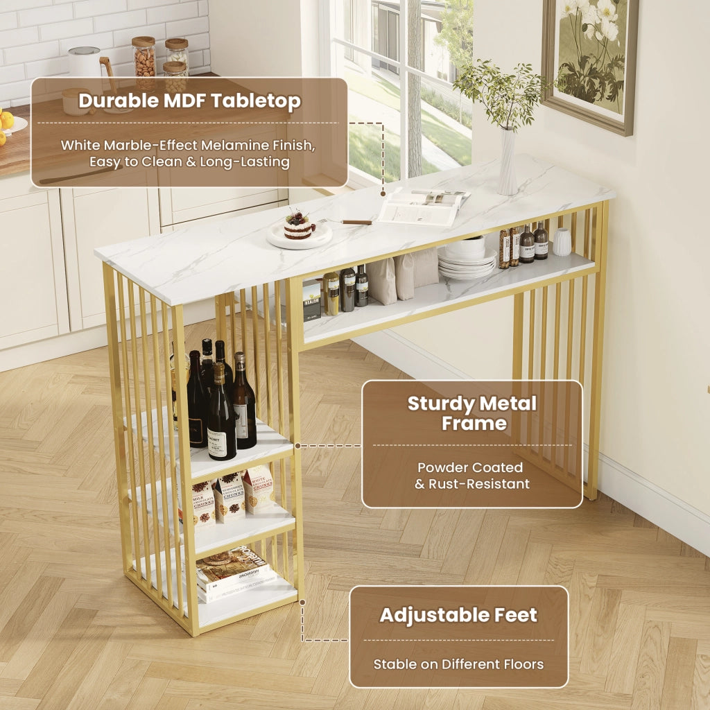 Tavolo da bar con ripiani aperti e struttura in metallo, piano in MDF effetto marmo, per cucina e sala da pranzo, 140 × 40 × 105 cm