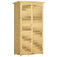 Casetta Attrezzi Giardino in Legno di Abete e Pino con 4 Scompartimenti, Armadio da Esterno Porta Attrezzi da Giardino con Tetto Impermeabile, 87x46.5x160cm, Color Legno