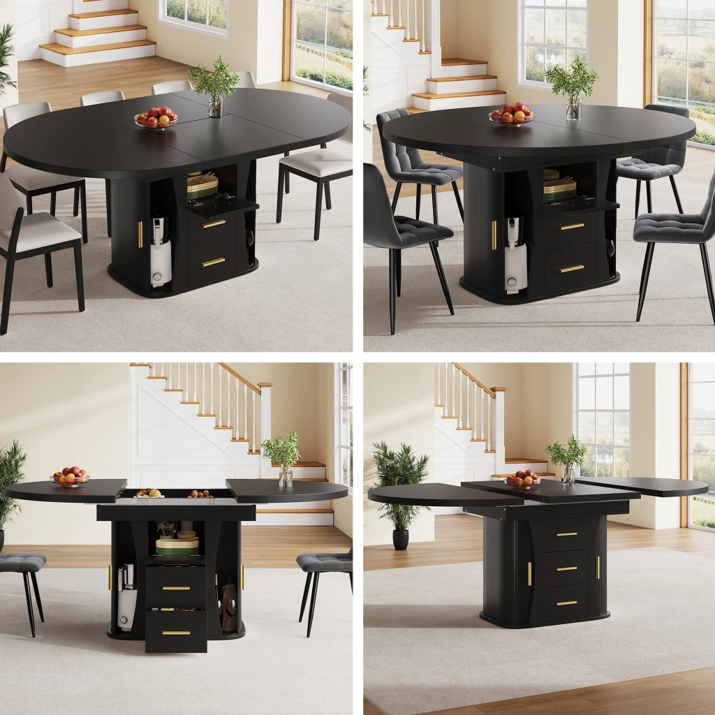 Tavolo da pranzo - rotondo estraibile - da 118 a 158 cm - 3 livelli stoccaggio - fino a 6 persone - nero