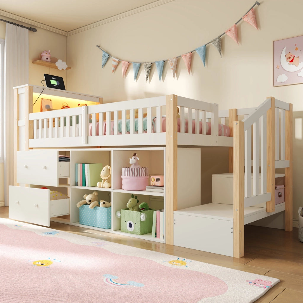 Letto rialzato per bambini 90x200 cm con cassetti; vani portaoggetti; scala contenitore e LED; bianco