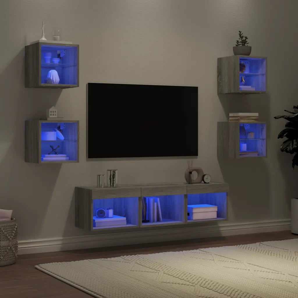 Mobili TV a Muro con LED 7pz Grigio Sonoma Legno Multistrato