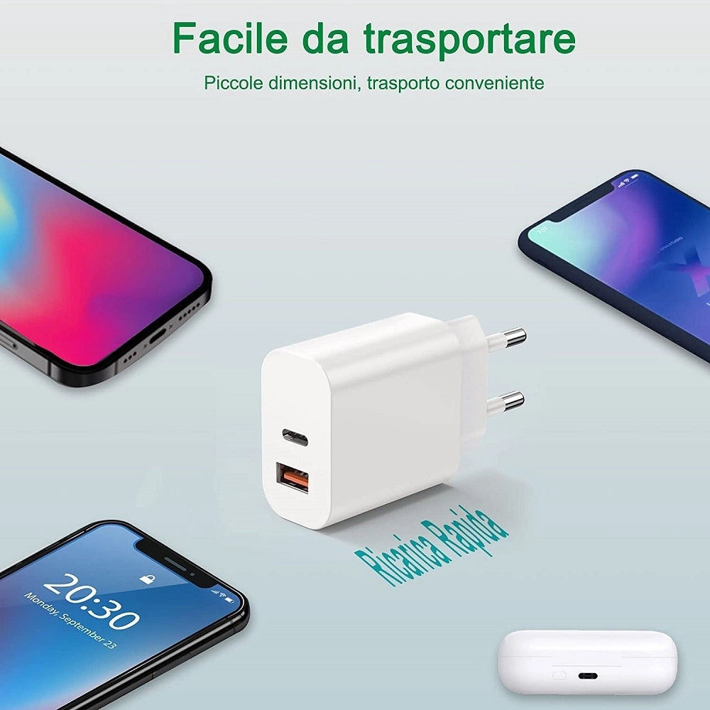 Trade Shop - Caricatore 20w Usb A Usb C Pd 3.0 Per Iphone Xiaomi Huawei Samsung Caricabatteria -