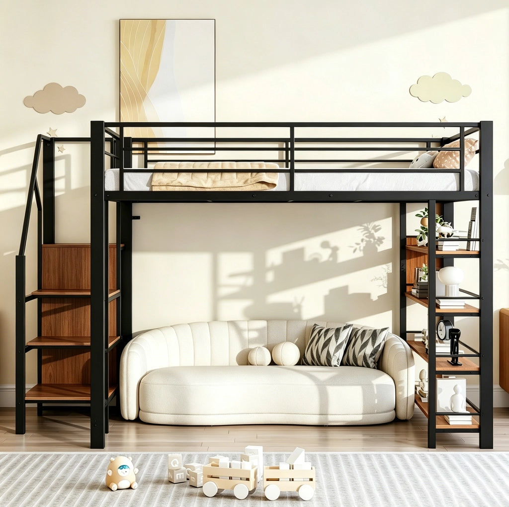 Letto a soppalco 140x200 cm con scala contenitore in MDF e metallo nero