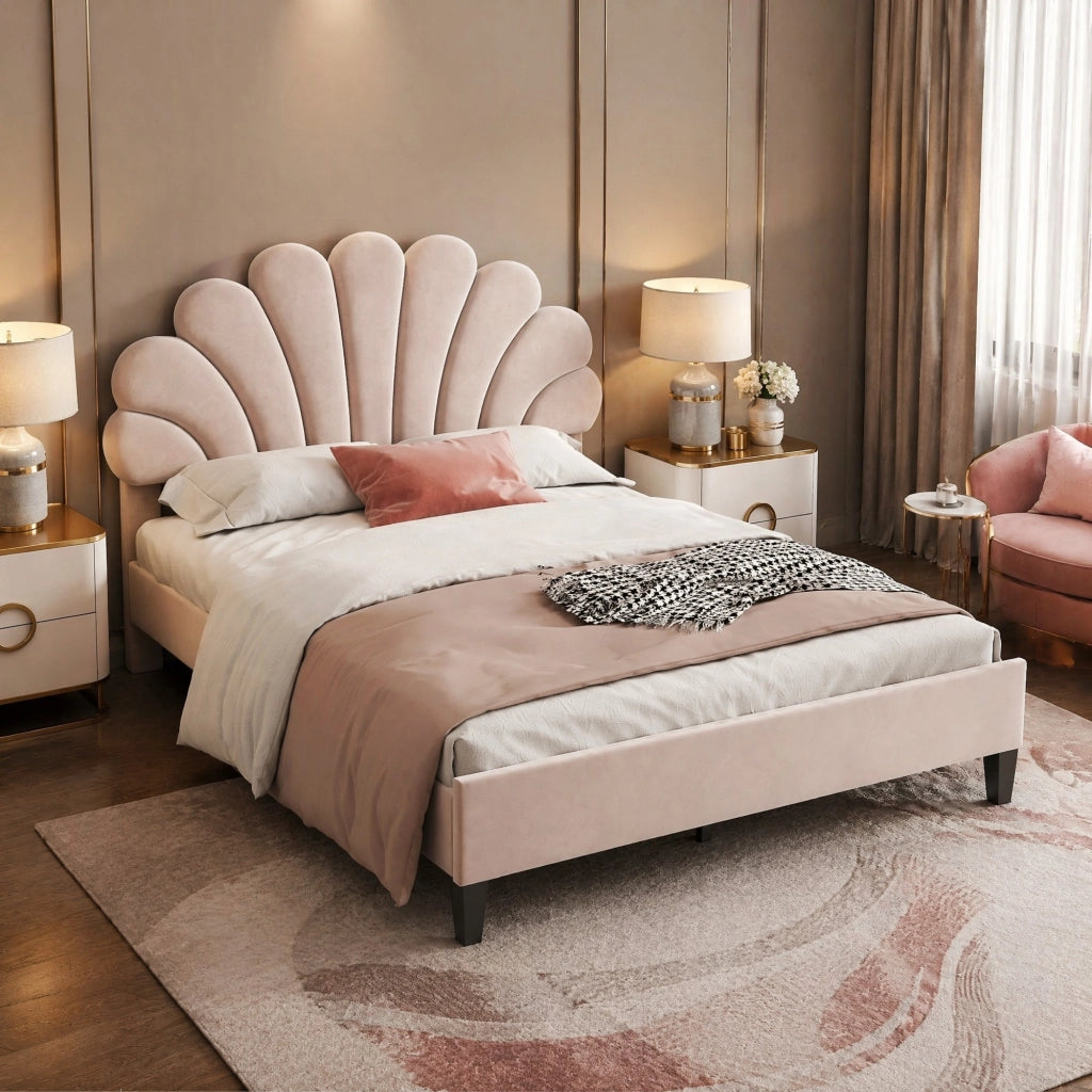 Letto imbottito 140×200 cm beige con testiera floreale