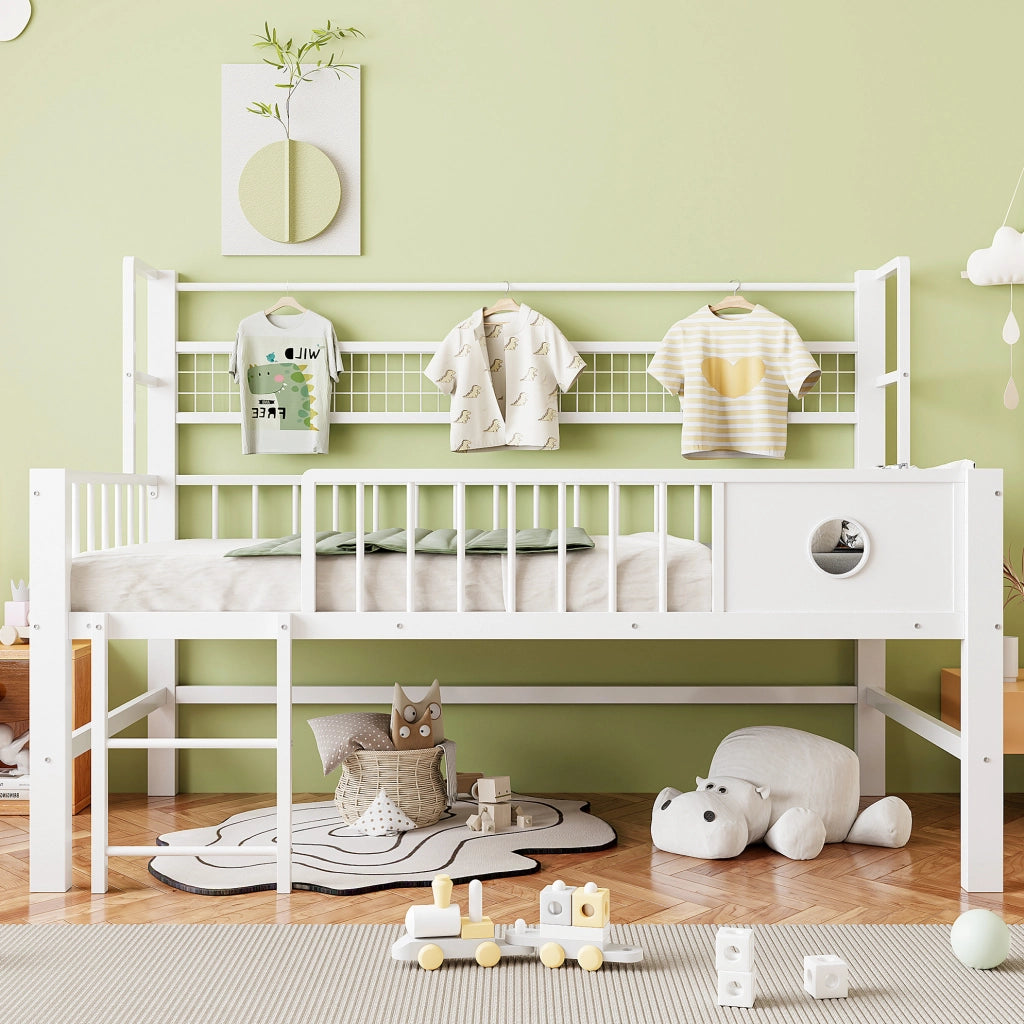 Letto a soppalco basso per bambini 90x200 cm in metallo bianco